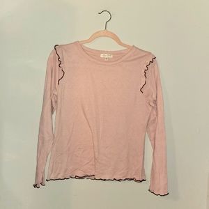 Pink Softspun Long Sleeve Rib T-Shirt with Ruffled Sleeve and Brown Lettuce Edge